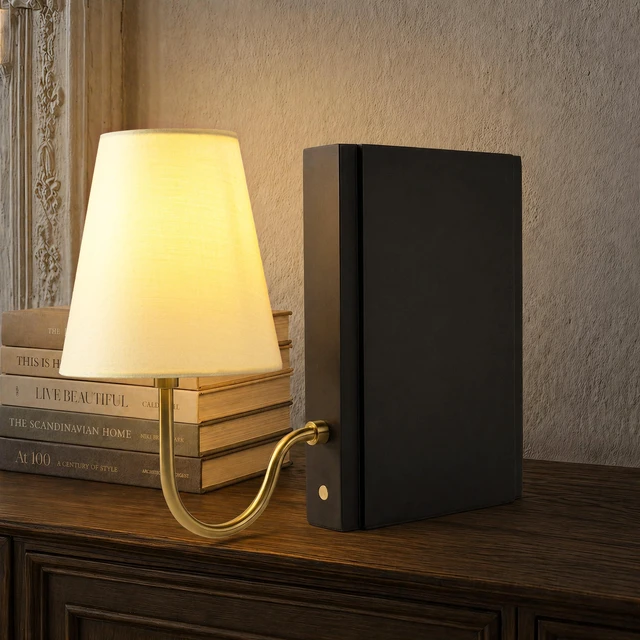 Main image of Solid Wood Bookshelf Lamp with Bulb, Cordless Rechargeable Touch Dimmable Table Lamp with Linen Fabric Shade, Modern Decorative Bookend Lamp for Bedroom, Office & Bookshelf Decor, Black