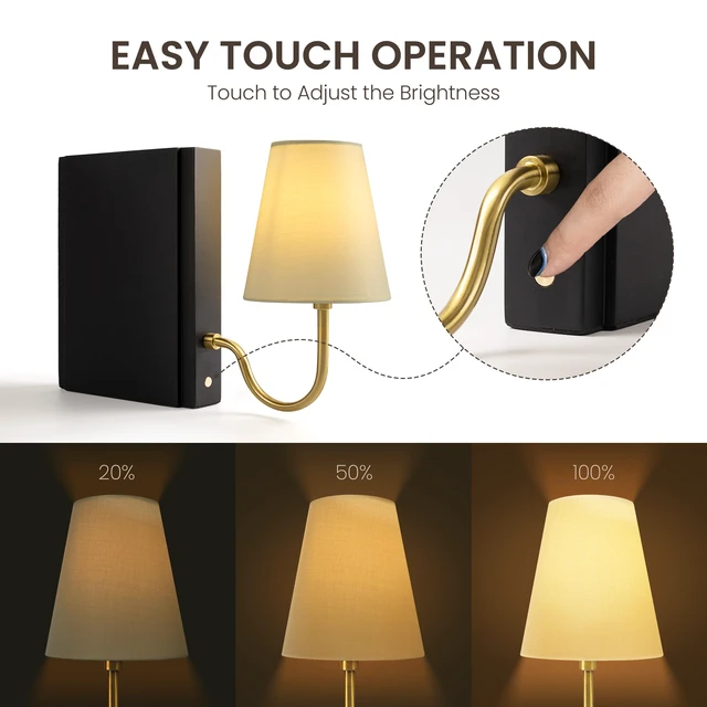 Alt view image 3 of 6 - Solid Wood Bookshelf Lamp with Bulb, Cordless Rechargeable Touch Dimmable Table Lamp with Linen Fabric Shade, Modern Decorative Bookend Lamp for Bedroom, Office & Bookshelf Decor, Black