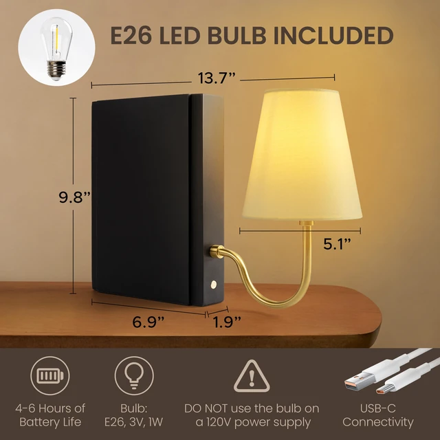 Alt view image 2 of 6 - Solid Wood Bookshelf Lamp with Bulb, Cordless Rechargeable Touch Dimmable Table Lamp with Linen Fabric Shade, Modern Decorative Bookend Lamp for Bedroom, Office & Bookshelf Decor, Black