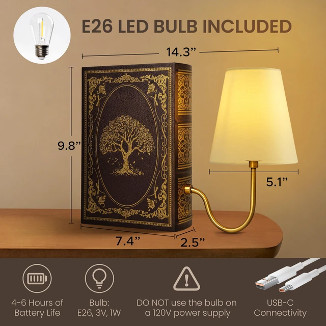 Alt view image 2 of 6 - Vintage Bookshelf Lamp with Bulb, Cordless Rechargeable Touch Dimmable Table Lamp with Linen Shade, Modern Bookend Lamp for Bedroom, Office & Bookshelf Decor, Tree of Life Brown & Gold