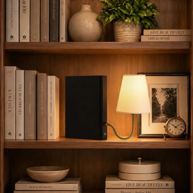 Alt view image 6 of 6 - Solid Wood Bookshelf Lamp with Bulb, Cordless Rechargeable Touch Dimmable Table Lamp with Linen Fabric Shade, Modern Decorative Bookend Lamp for Bedroom, Office & Bookshelf Decor, Black