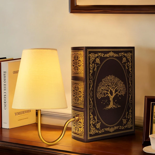 Main image of Vintage Bookshelf Lamp with Bulb, Cordless Rechargeable Touch Dimmable Table Lamp with Linen Shade, Modern Bookend Lamp for Bedroom, Office & Bookshelf Decor, Tree of Life Brown & Gold