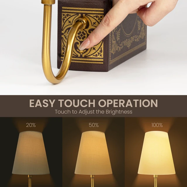 Alt view image 3 of 6 - Vintage Bookshelf Lamp with Bulb, Cordless Rechargeable Touch Dimmable Table Lamp with Linen Shade, Modern Bookend Lamp for Bedroom, Office & Bookshelf Decor, Tree of Life Brown & Gold