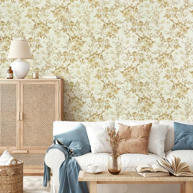 Alt view image 3 of 7 - Boho Floral Peel and Stick Wallpaper Floral Leaf Contact Paper DIY 16.9" x394" Yellow Brown Flower Self Adhesive Wallpaper Removable Decoration Wallpaper for Accent Walls Covering