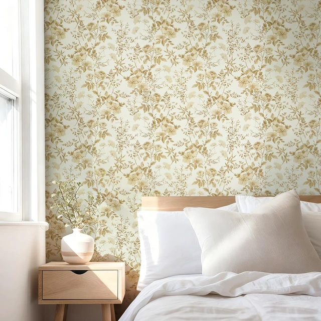 Alt view image 4 of 7 - Boho Floral Peel and Stick Wallpaper Floral Leaf Contact Paper DIY 16.9" x394" Yellow Brown Flower Self Adhesive Wallpaper Removable Decoration Wallpaper for Accent Walls Covering