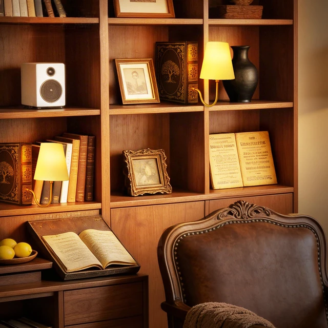 Alt view image 5 of 6 - Vintage Bookshelf Lamp with Bulb, Cordless Rechargeable Touch Dimmable Table Lamp with Linen Shade, Modern Bookend Lamp for Bedroom, Office & Bookshelf Decor, Tree of Life Brown & Gold