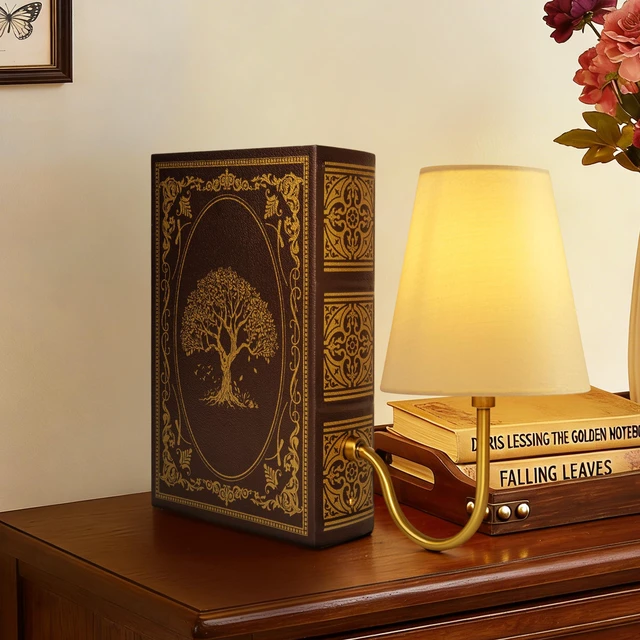 Alt view image 6 of 6 - Vintage Bookshelf Lamp with Bulb, Cordless Rechargeable Touch Dimmable Table Lamp with Linen Shade, Modern Bookend Lamp for Bedroom, Office & Bookshelf Decor, Tree of Life Brown & Gold