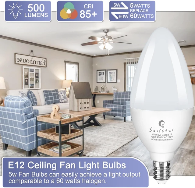 Alt view image 2 of 7 - Candelabra Light Bulbs 60 Watt Equivalent, 4000K Natural Daylight, 5W E12 Small Base Type B LED Bulbs, 500 Lumens, Chandelier Ceiling Fan Light Bulbs, CRI 85, Non-dimmable, Pack of 10