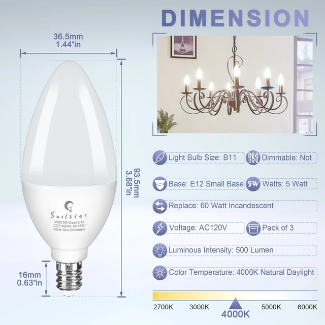 Alt view image 4 of 7 - Candelabra Light Bulbs 60 Watt Equivalent, 4000K Natural Daylight, 5W E12 Small Base Type B LED Bulbs, 500 Lumens, Chandelier Ceiling Fan Light Bulbs, CRI 85, Non-dimmable, Pack of 10