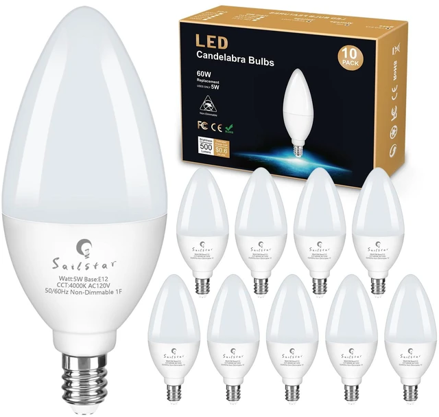 Main image of Candelabra Light Bulbs 60 Watt Equivalent, 4000K Natural Daylight, 5W E12 Small Base Type B LED Bulbs, 500 Lumens, Chandelier Ceiling Fan Light Bulbs, CRI 85, Non-dimmable, Pack of 10