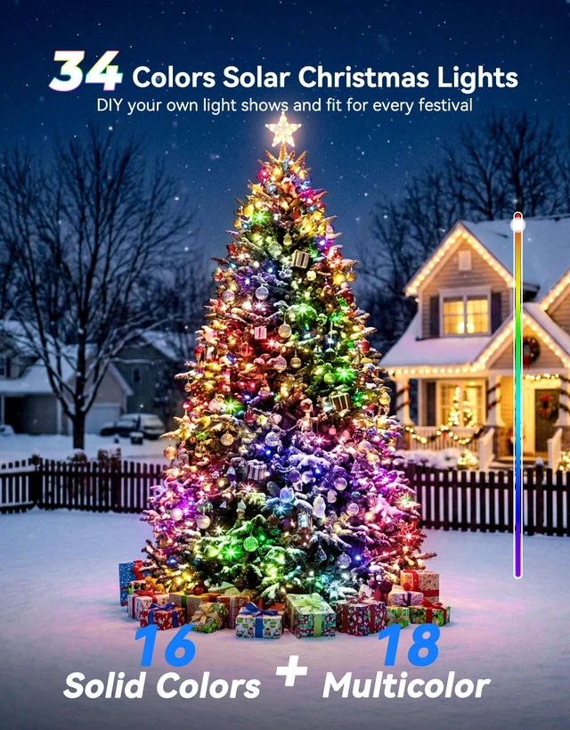 Alt view image 3 of 7 - 34 Colors Solar String Lights Outdoor with Remote, 50 FT 150 LED Solar & USB Powered Halloween String Lights, Waterproof Color Changing Christmas Light for Xmas Tree Light Party Decor