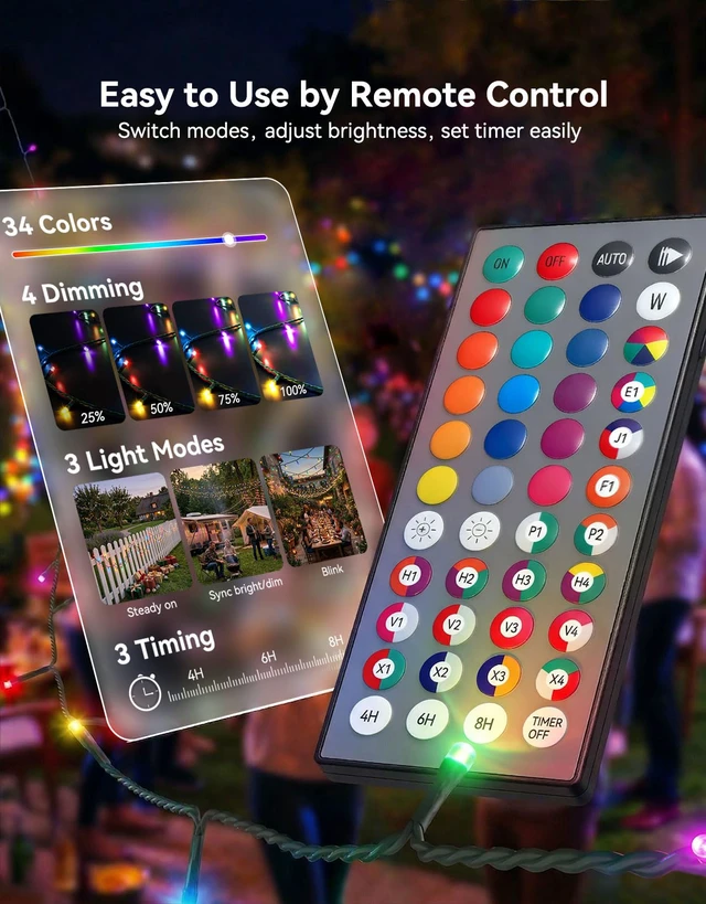 Alt view image 7 of 7 - 34 Colors Solar String Lights Outdoor with Remote, 50 FT 150 LED Solar & USB Powered Halloween String Lights, Waterproof Color Changing Christmas Light for Xmas Tree Light Party Decor