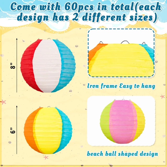 Alt view image 3 of 7 - 60Pcs Pool Summer Party Decorations Beach Ball Paper Lanterns Bulk Luau Hawaiian Tropical Tiki Party Decor,Birthday,Office,Classroom Hanging Decorations,Party Setup Supplies