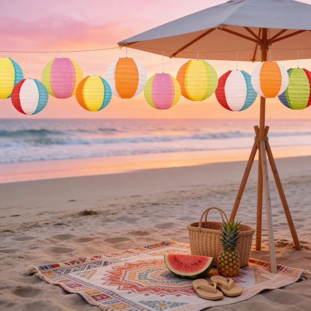 Alt view image 6 of 7 - 60Pcs Pool Summer Party Decorations Beach Ball Paper Lanterns Bulk Luau Hawaiian Tropical Tiki Party Decor,Birthday,Office,Classroom Hanging Decorations,Party Setup Supplies
