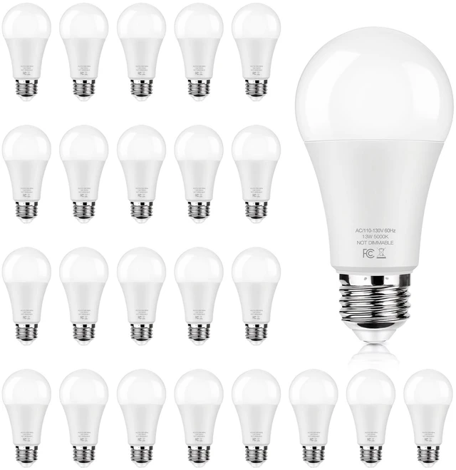 Main image of LED Light Bulbs 100 Watt Equivalent 1500 lumens, A19 5000K Daylight White Non-Dimmable, Super Bright No Flicker E26 Standard Base, 13W Lightbulb for Bedroom, Living Room, Office Lighting, 24 Packs