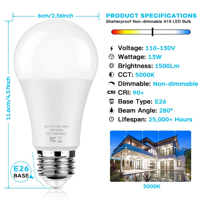 Alt view image 4 of 7 - LED Light Bulbs 100 Watt Equivalent 1500 lumens, A19 5000K Daylight White Non-Dimmable, Super Bright No Flicker E26 Standard Base, 13W Lightbulb for Bedroom, Living Room, Office Lighting, 24 Packs