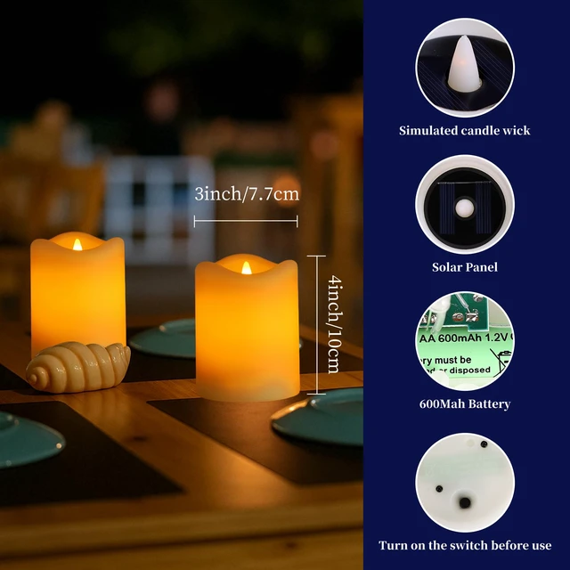 Alt view image 2 of 7 - Solar Flameless Candles Outdoor, 6Pcs Solar Rechargeable Candles IP65 Waterproof, Auto On/Off Flickering Glow Dusk to Dawn, Replaceable Battery, Outdoor Solar Lights Holiday Decor for Garden
