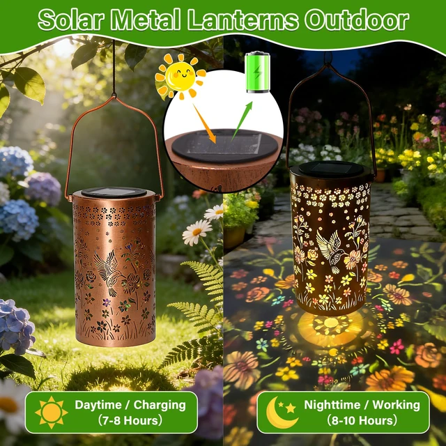 Alt view image 4 of 7 - Hummingbird Mmulticolor Solar Lanterns for Outdoor Indoor, Colorful Garden Decor Gifts for Women Mom Grandma Hanging Solar Lights Metal Solar Decoration Outside for Yard, Patio, Backyard, Porch