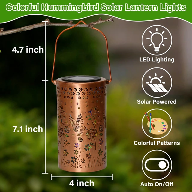 Alt view image 5 of 7 - Hummingbird Mmulticolor Solar Lanterns for Outdoor Indoor, Colorful Garden Decor Gifts for Women Mom Grandma Hanging Solar Lights Metal Solar Decoration Outside for Yard, Patio, Backyard, Porch