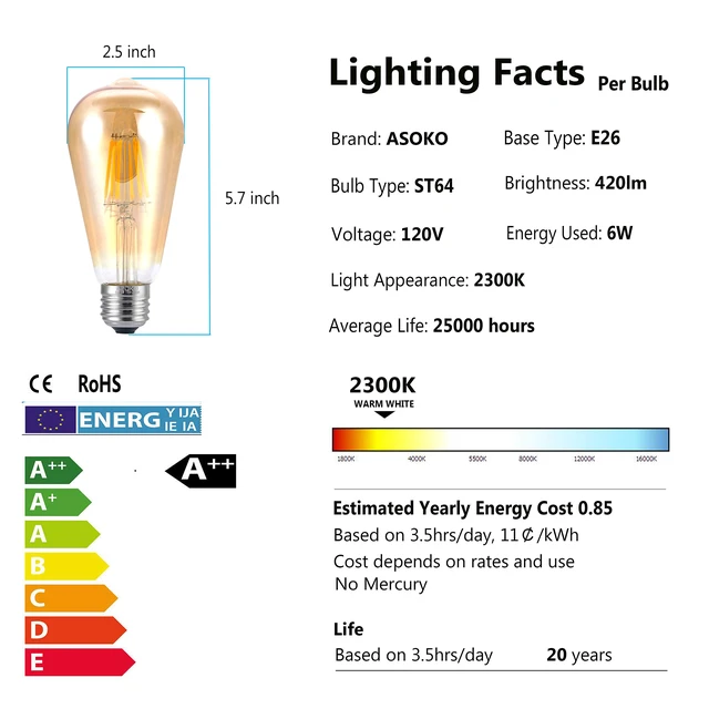 Alt view image 3 of 6 - Edison Bulb ST64, 2200K-2400K, Dimmable, Vintage Style, 6-Pack 6W