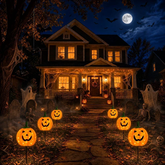 Alt view image 2 of 7 - Solar Halloween Pumpkin Lights, 4 Pack Outdoor Pathway Stake Lights 12 in Pumpkin Heads, Warm White LEDs, 2 Lighting Modes, Auto On at Dusk, Metal Ground Stakes, Weather-Resistant