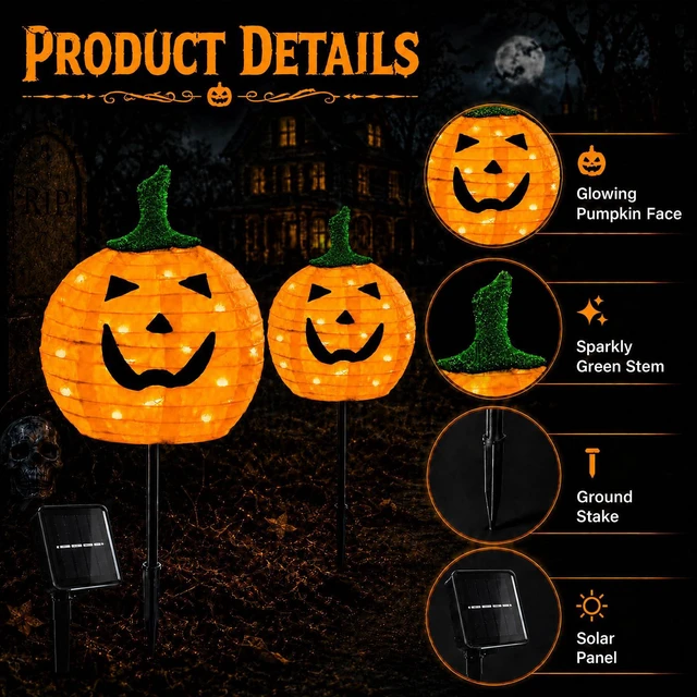 Alt view image 3 of 7 - Solar Halloween Pumpkin Lights, 4 Pack Outdoor Pathway Stake Lights 12 in Pumpkin Heads, Warm White LEDs, 2 Lighting Modes, Auto On at Dusk, Metal Ground Stakes, Weather-Resistant