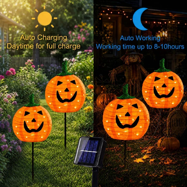 Alt view image 4 of 7 - Solar Halloween Pumpkin Lights, 4 Pack Outdoor Pathway Stake Lights 12 in Pumpkin Heads, Warm White LEDs, 2 Lighting Modes, Auto On at Dusk, Metal Ground Stakes, Weather-Resistant