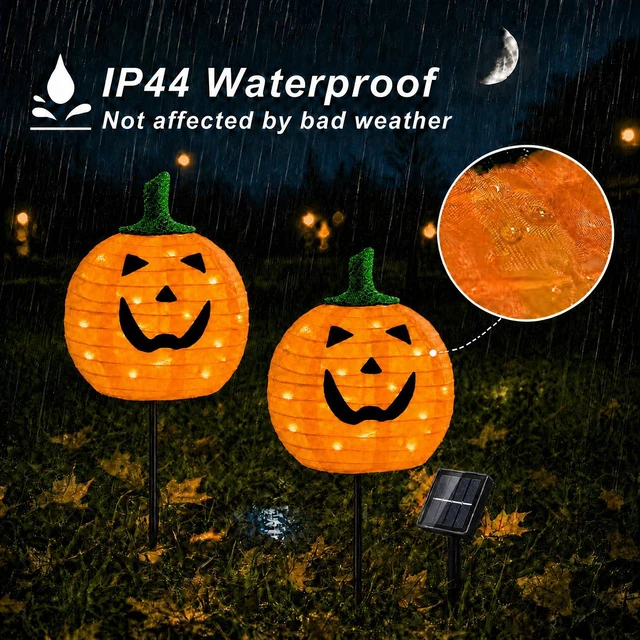 Alt view image 5 of 7 - Solar Halloween Pumpkin Lights, 4 Pack Outdoor Pathway Stake Lights 12 in Pumpkin Heads, Warm White LEDs, 2 Lighting Modes, Auto On at Dusk, Metal Ground Stakes, Weather-Resistant