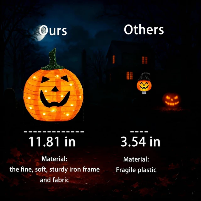 Alt view image 6 of 7 - Solar Halloween Pumpkin Lights, 4 Pack Outdoor Pathway Stake Lights 12 in Pumpkin Heads, Warm White LEDs, 2 Lighting Modes, Auto On at Dusk, Metal Ground Stakes, Weather-Resistant