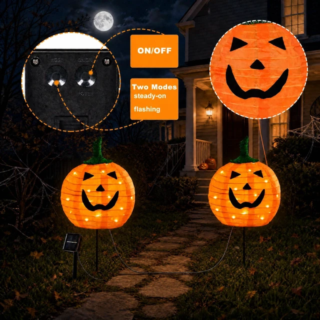 Alt view image 7 of 7 - Solar Halloween Pumpkin Lights, 4 Pack Outdoor Pathway Stake Lights 12 in Pumpkin Heads, Warm White LEDs, 2 Lighting Modes, Auto On at Dusk, Metal Ground Stakes, Weather-Resistant