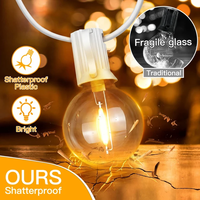 Alt view image 2 of 7 - Outdoor String Lights, 100FT LED Patio Lights Waterproof White Wire Connectable Shatterproof Outside Light with 50 Edison + 3 Spare LED Bulbs for Indoor Balcony Porch Camping Deck Christmas