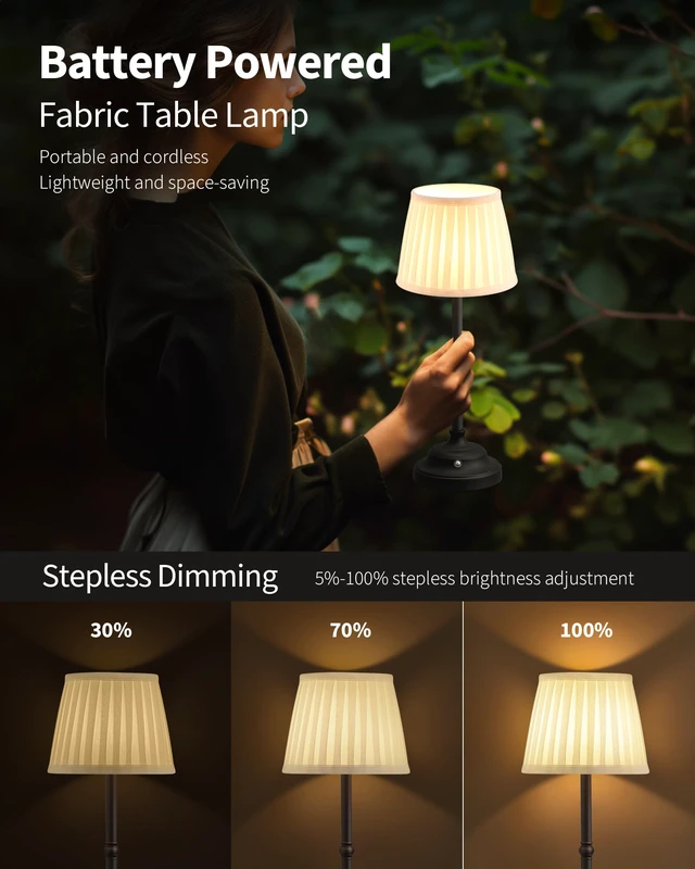Alt view image 4 of 7 - Black Cordless Portable LED Table Lamp, White Fabric Shade Desk Lamp 4000mAh Rechargeable Battery Powered Lighting, Dimmable Light for Dining Room, Bedroom, Bedside, Night Light, Balcony