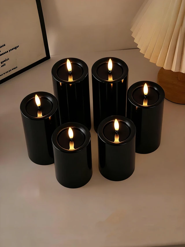 Alt view image 2 of 7 - 3"x4" Outdoor Waterproof Flameless Candles with Remote Timers Pillar 2 Pack Black Battery Operated Candles, LED Candles, Electric Fake Candles for Patio, Porch, and Lanterns Decor (Plastic)