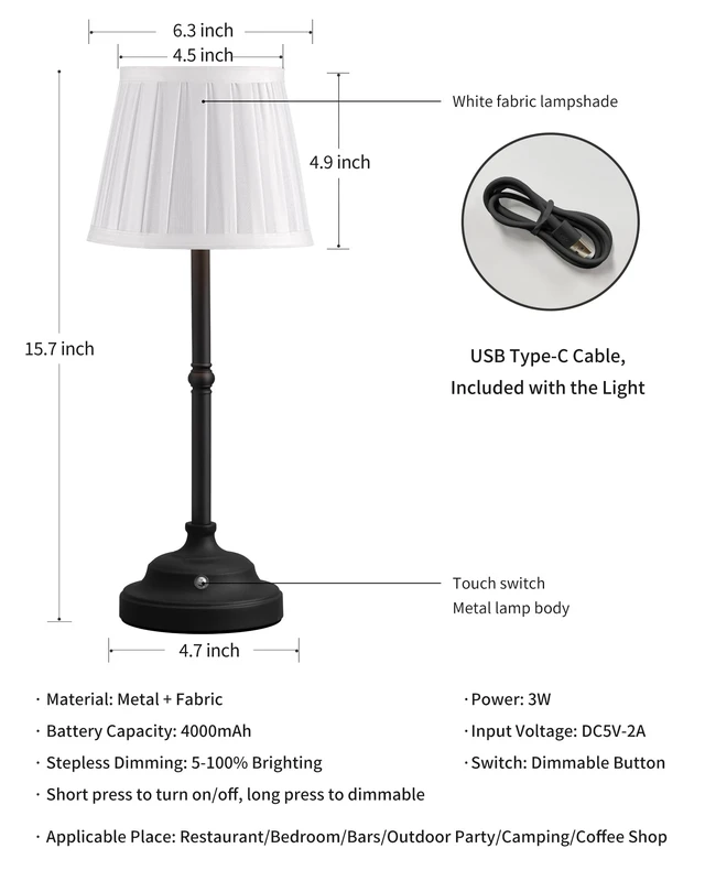 Alt view image 5 of 7 - Black Cordless Portable LED Table Lamp, White Fabric Shade Desk Lamp 4000mAh Rechargeable Battery Powered Lighting, Dimmable Light for Dining Room, Bedroom, Bedside, Night Light, Balcony