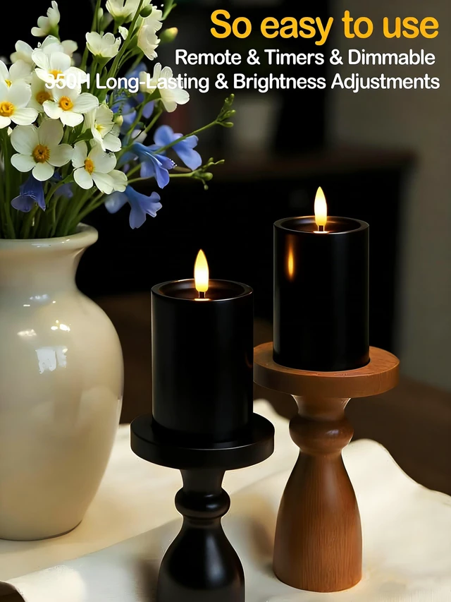 Alt view image 3 of 7 - 3"x4" Outdoor Waterproof Flameless Candles with Remote Timers Pillar 2 Pack Black Battery Operated Candles, LED Candles, Electric Fake Candles for Patio, Porch, and Lanterns Decor (Plastic)