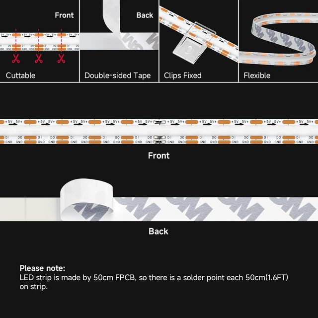 Alt view image 5 of 7 - FCOB COB WS2812B IC RGB LED Strip DC5V 16.4FT 800LED 10mm IP30 Individual Addressable UL Listed Dream Color High Density Tape Light For Decor(No Adapter or Controller)