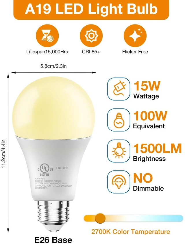 Alt view image 2 of 7 - LED Light Bulbs, A19 2700K Warm Light Bulbs 100 Watt Equivalent, 1500LM Warm White Led Bulbs, E26 Standard Base, Non-Dimmable, 15 Watt Lightbulbs for Home Office, 12 Pack