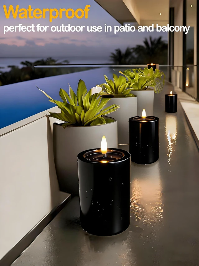 Alt view image 7 of 7 - 3"x4" Outdoor Waterproof Flameless Candles with Remote Timers Pillar 2 Pack Black Battery Operated Candles, LED Candles, Electric Fake Candles for Patio, Porch, and Lanterns Decor (Plastic)