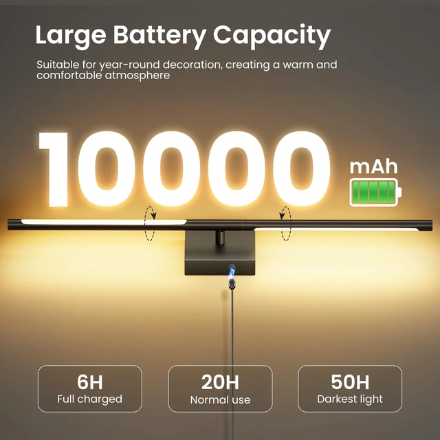 Alt view image 2 of 7 - 10000mAh Rechargeable Wall Lights, Black, 29 Inch, 3CCT, 2 Pack Battery Operated Wall Sconces Set of 2, Remote Control, 360° Rotate, Dimmable, LED Cordless Lamps for Bedroom, Living Room