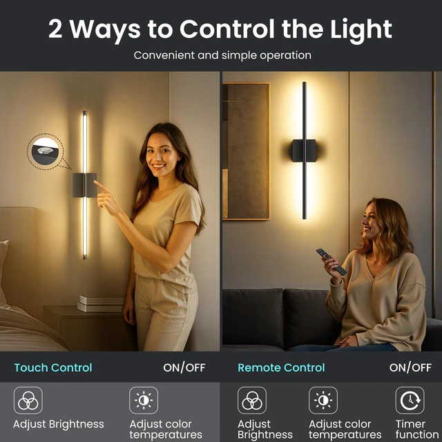 Alt view image 5 of 7 - 10000mAh Rechargeable Wall Lights, Black, 29 Inch, 3CCT, 2 Pack Battery Operated Wall Sconces Set of 2, Remote Control, 360° Rotate, Dimmable, LED Cordless Lamps for Bedroom, Living Room