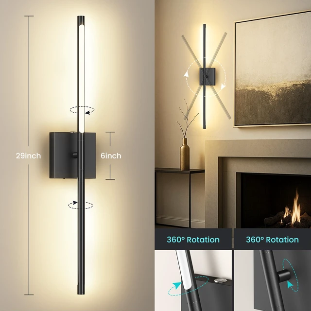 Alt view image 3 of 7 - 10000mAh Rechargeable Wall Lights, Black, 29 Inch, 3CCT, 2 Pack Battery Operated Wall Sconces Set of 2, Remote Control, 360° Rotate, Dimmable, LED Cordless Lamps for Bedroom, Living Room
