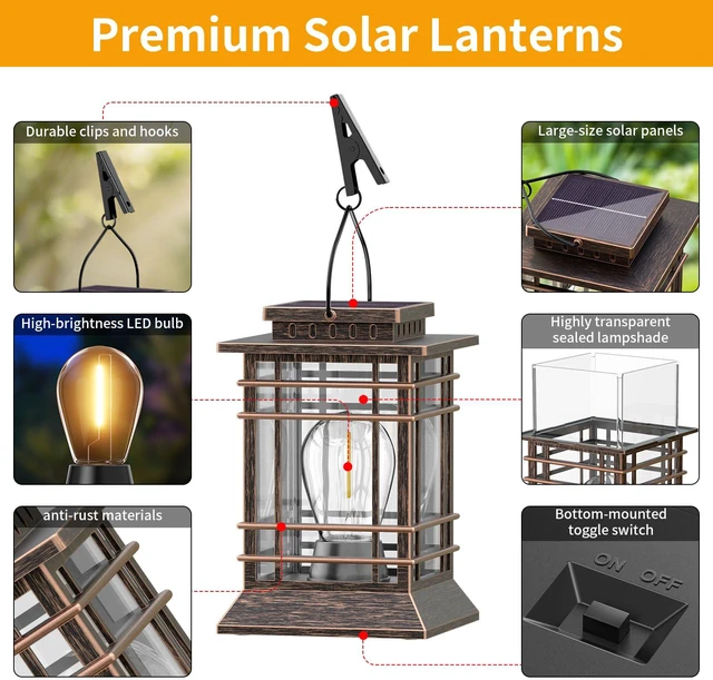 Alt view image 3 of 7 - Solar Lanterns Outdoor Waterproof, Hanging Solar Lights for Outside 4 Pack Auto Dusk-to-Dawn, Bright LED Lighting, Over 12H Runtime, IP65 Waterproof for Garden Patio Yard Table Porch Fence Tree Decor