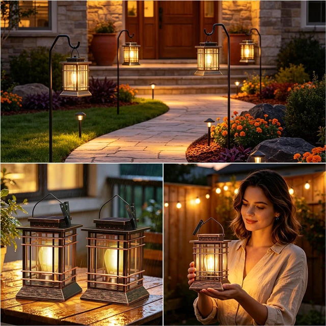 Alt view image 7 of 7 - Solar Lanterns Outdoor Waterproof, Hanging Solar Lights for Outside 4 Pack Auto Dusk-to-Dawn, Bright LED Lighting, Over 12H Runtime, IP65 Waterproof for Garden Patio Yard Table Porch Fence Tree Decor