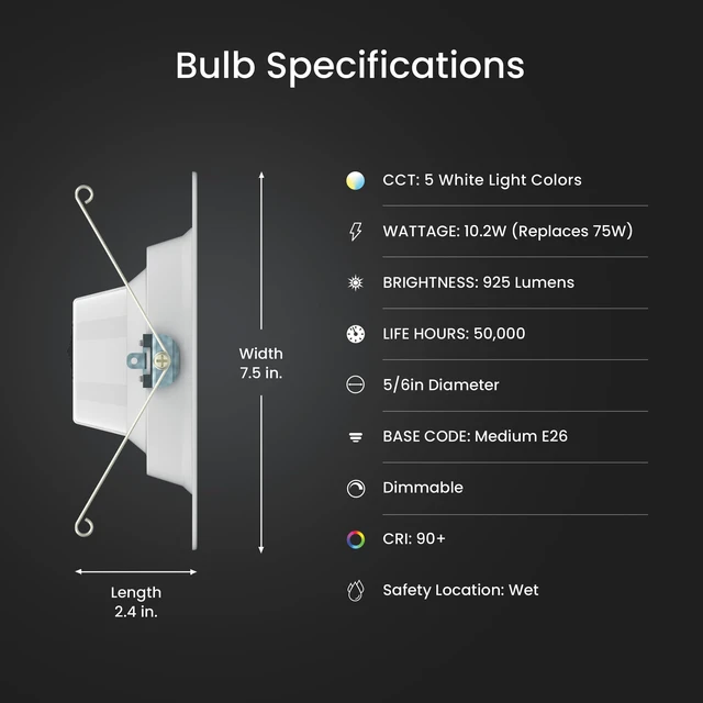 Alt view image 3 of 7 - 6in LED Recessed Downlight Retrofit Kit, 75W Eq Dimmable, Adjustable White 2700K5000K, Switch-Selectable Color Temperature, E26 Adapter, 50,000-Hour
