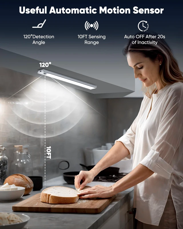 Alt view image 3 of 7 - 12'' Under Cabinet Lights, LED Rechargeable Battery Operated Motion Sensor Lights Indoor, 2500mAh Magnetic Wireless Closet Lights, Dimmable Under Counter Cupboard Night Light for Kitchen, Home, 5 Pack