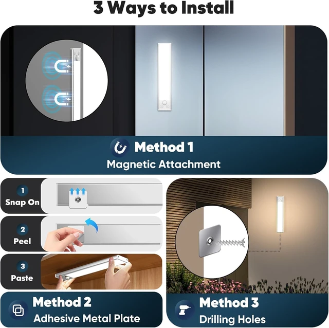 Alt view image 3 of 7 - Under Cabinet Lights, 2500mAh 12 Inch Motion Sensor Rechargeable Battery Operated Wireless Under Counter Lights Indoor, Magnetic 108-LED Dimmable Closet Lights for Kitchen with 3 Color Temps 5-Pack