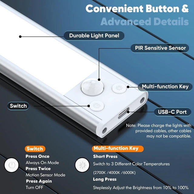 Alt view image 5 of 7 - Under Cabinet Lights, 2500mAh 12 Inch Motion Sensor Rechargeable Battery Operated Wireless Under Counter Lights Indoor, Magnetic 108-LED Dimmable Closet Lights for Kitchen with 3 Color Temps 5-Pack