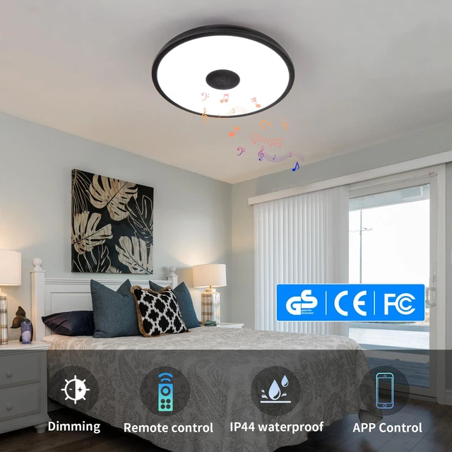 Alt view image 3 of 7 - Black Smart Waterproof LED Flush Mount Ceiling Light Fixture,18W,with Bluetooth Speaker,RGB Color Changing Function-Dimmable Lamp,Tuya Application Control-Compatible with Alexa Google Home