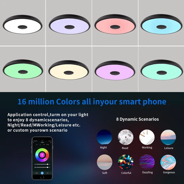Alt view image 4 of 7 - Black Smart Waterproof LED Flush Mount Ceiling Light Fixture,18W,with Bluetooth Speaker,RGB Color Changing Function-Dimmable Lamp,Tuya Application Control-Compatible with Alexa Google Home