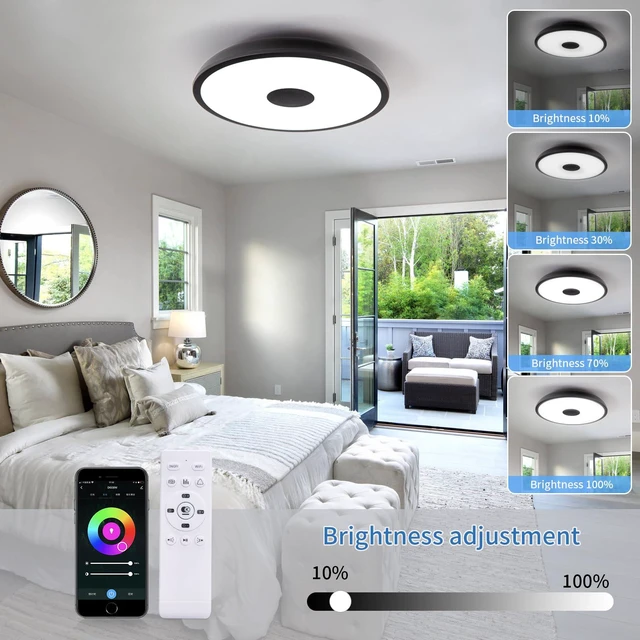 Alt view image 5 of 7 - Black Smart Waterproof LED Flush Mount Ceiling Light Fixture,18W,with Bluetooth Speaker,RGB Color Changing Function-Dimmable Lamp,Tuya Application Control-Compatible with Alexa Google Home